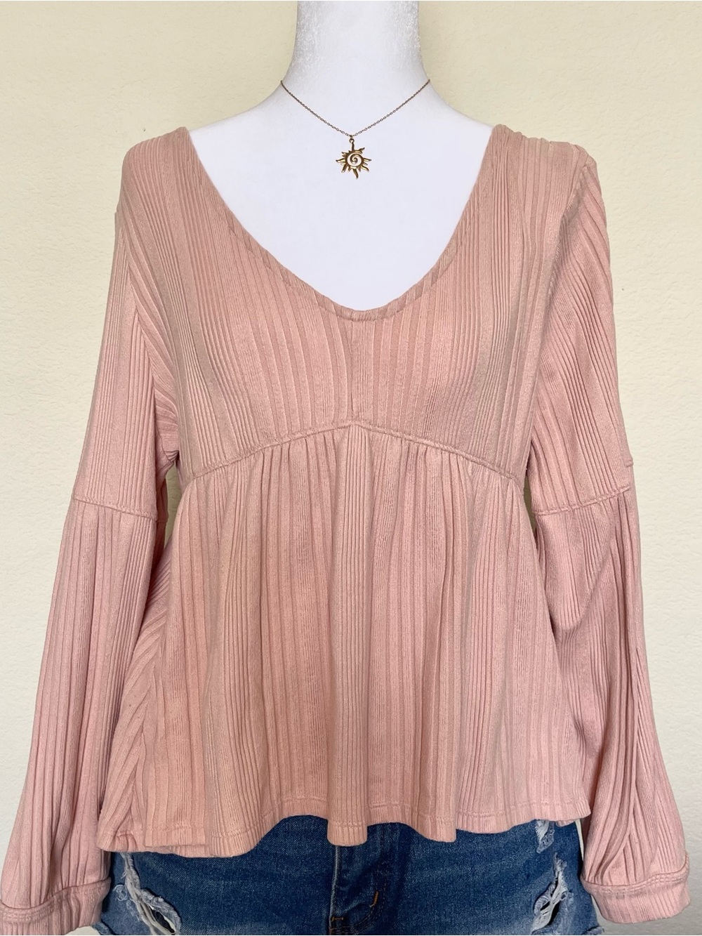 Y2K Babydoll Long Sleeve Top - Soft Peach Color - Elena Gilbert Core - Size XS